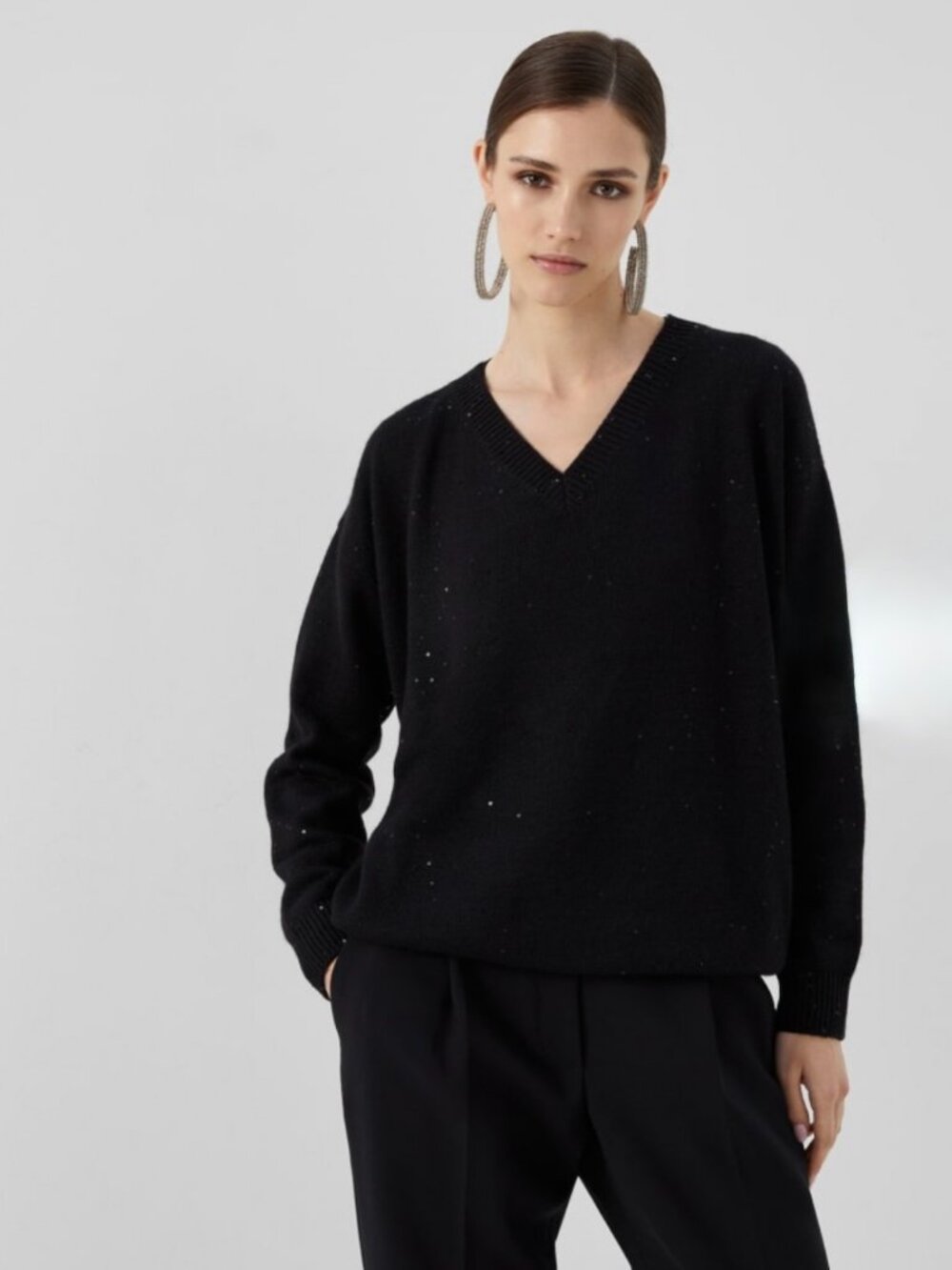 BRUNELLO CUCINELLI BLACK CASHMERE SILK V-KNECK SEQUIN SWEATER SIZE XS NWTS!